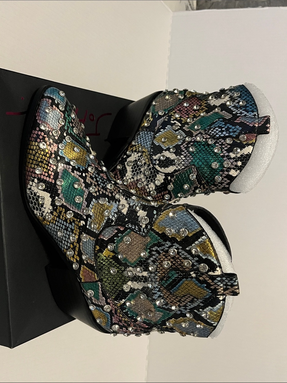Betsey Johnson Multicolor Studded Snake-Print Ankle Booties